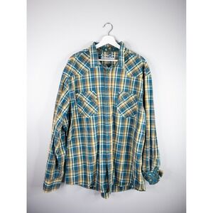 Cinch Western Shirt Mens XXL Teal Yellow Plaid Modern Fit Snap Front Western